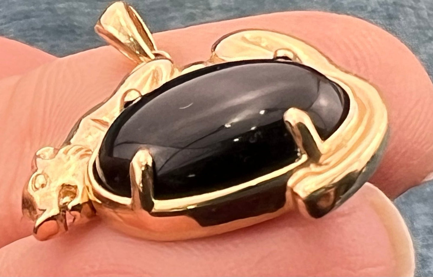 10k Yellow Gold Panther Tiger Cat on Black Onyx Pendant. Designer