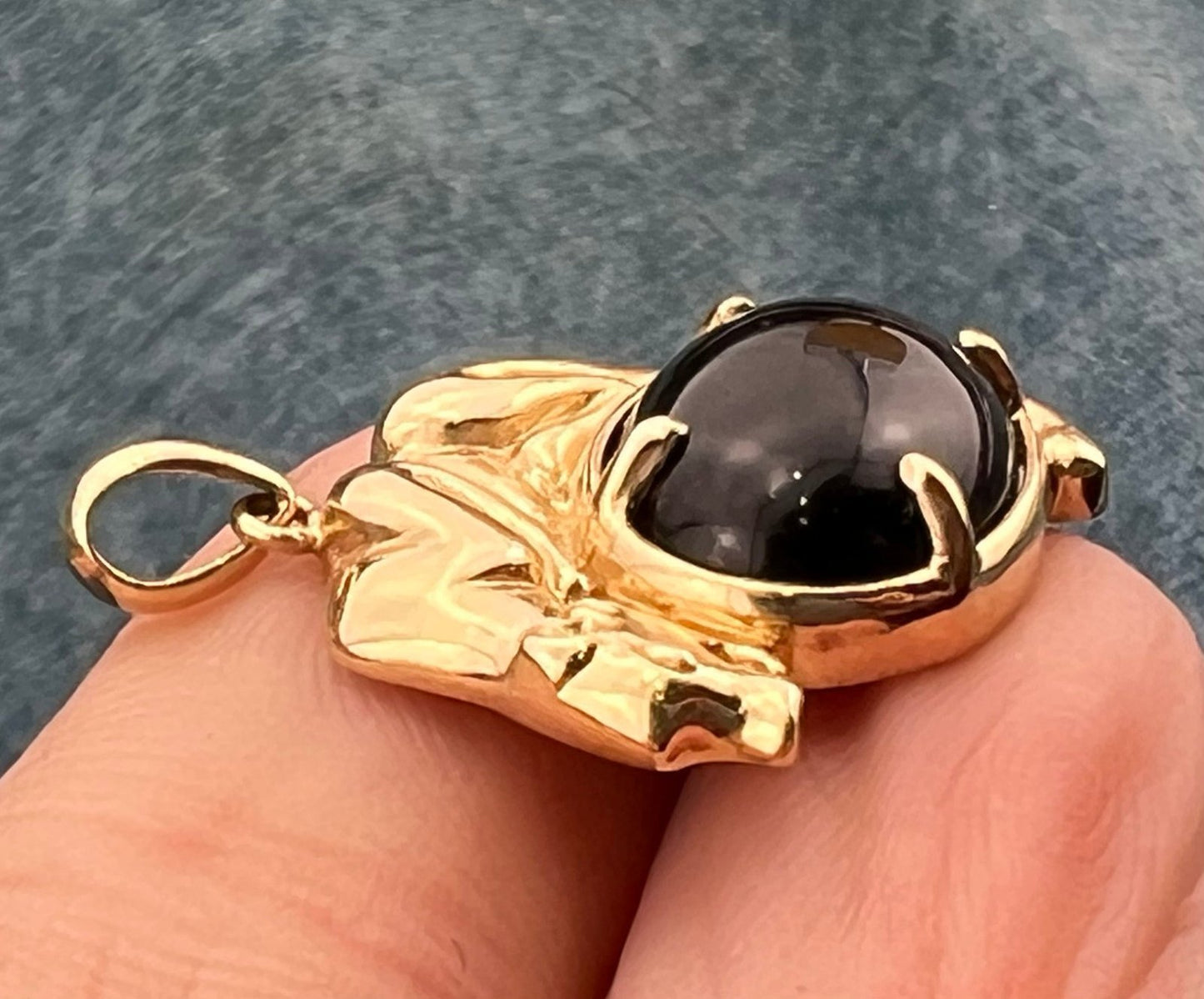 10k Yellow Gold Panther Tiger Cat on Black Onyx Pendant. Designer