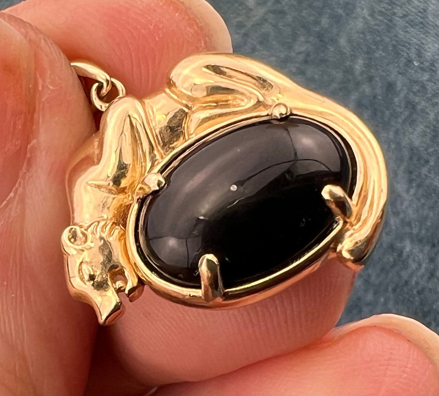 10k Yellow Gold Panther Tiger Cat on Black Onyx Pendant. Designer