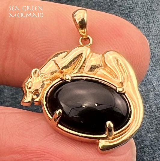 10k Yellow Gold Panther Tiger Cat on Black Onyx Pendant. Designer