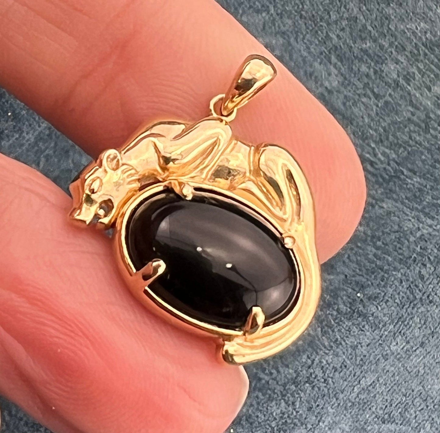 10k Yellow Gold Panther Tiger Cat on Black Onyx Pendant. Designer