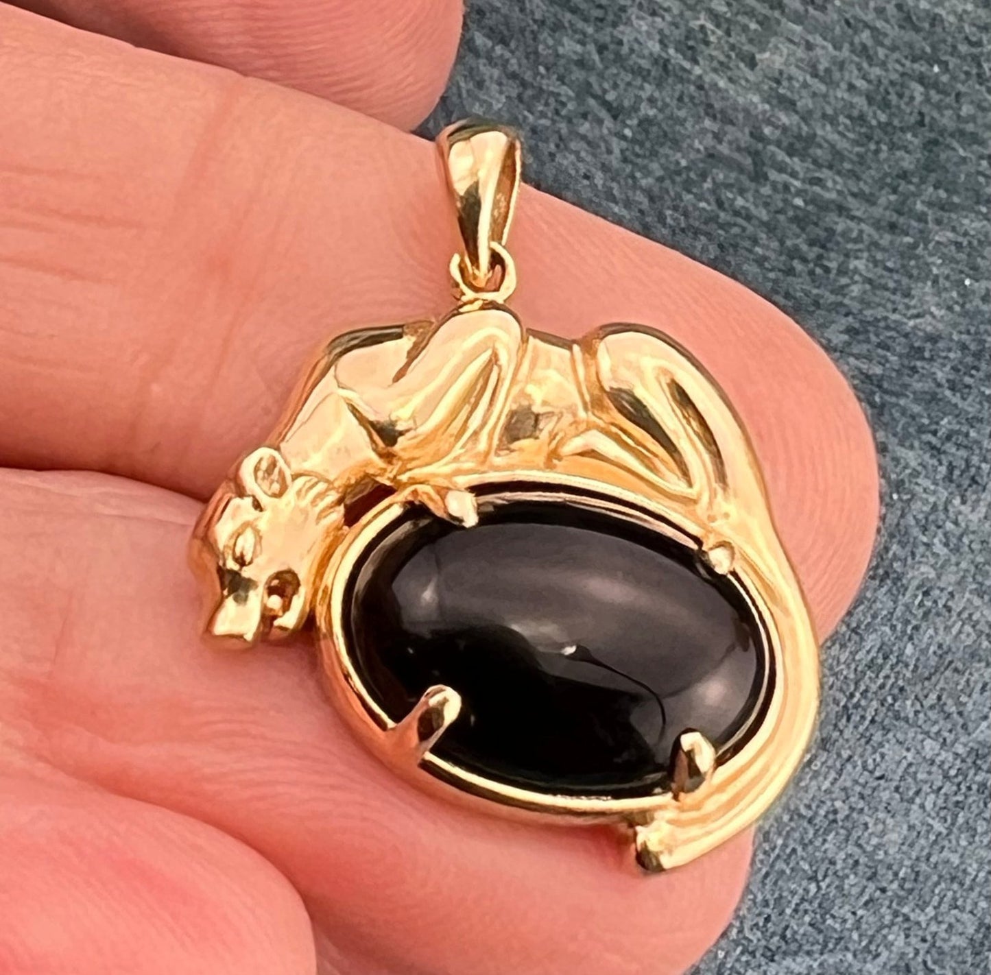 10k Yellow Gold Panther Tiger Cat on Black Onyx Pendant. Designer