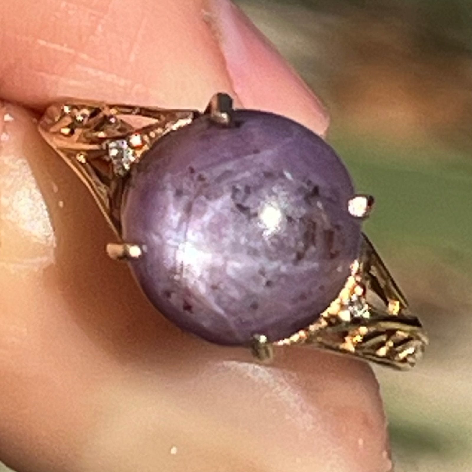 10k Yellow Gold Purple Star Sapphire Ruby Ring. Filigree Band *Video*