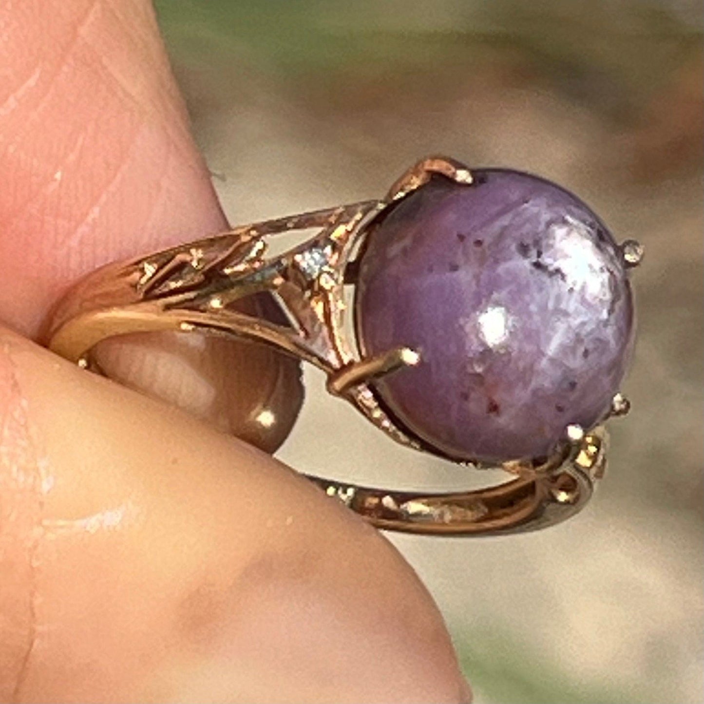 10k Yellow Gold Purple Star Sapphire Ruby Ring. Filigree Band *Video*