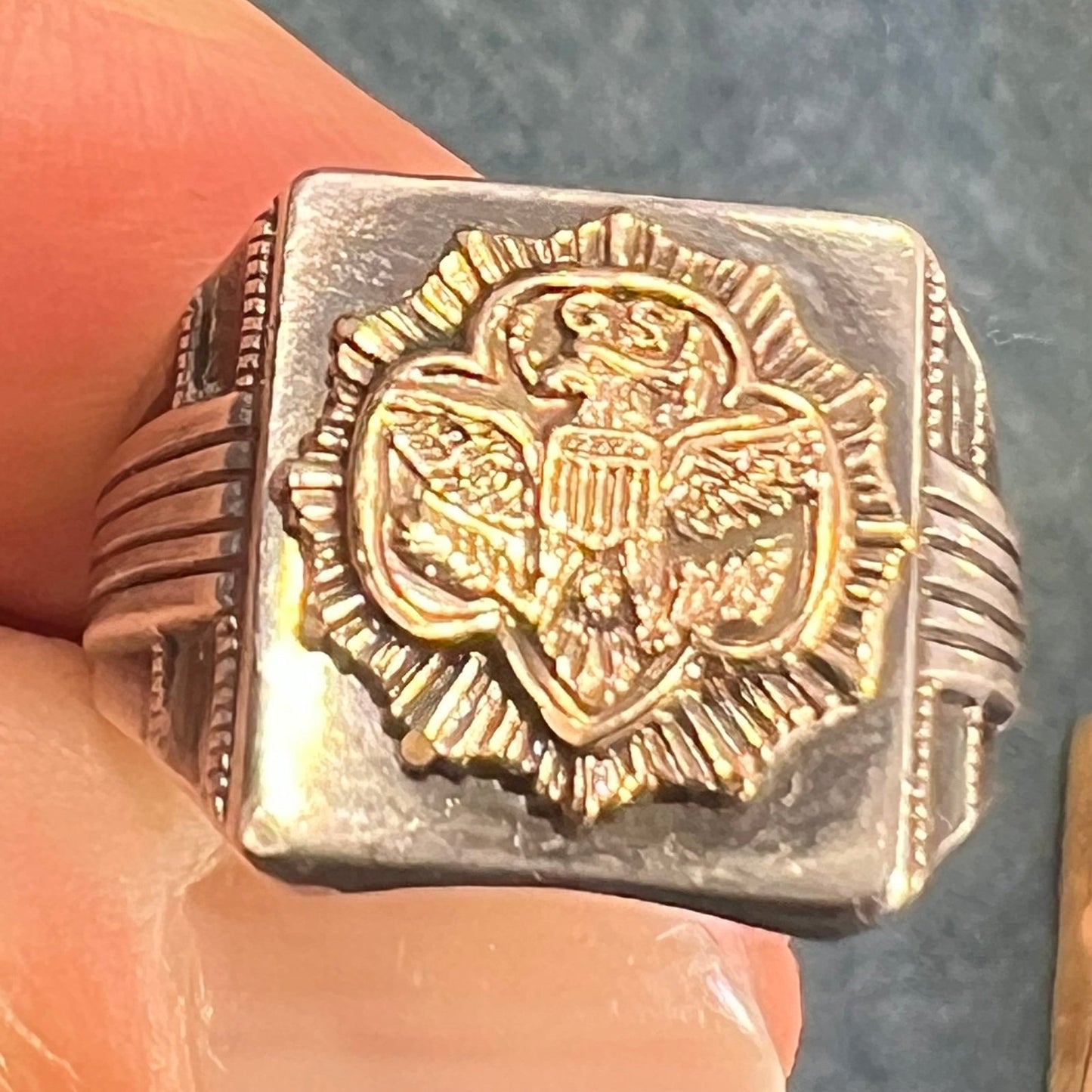 10k Yellow Gold *Rare* Girl Scout Emblem & 925 Ring. Art Deco 5.5