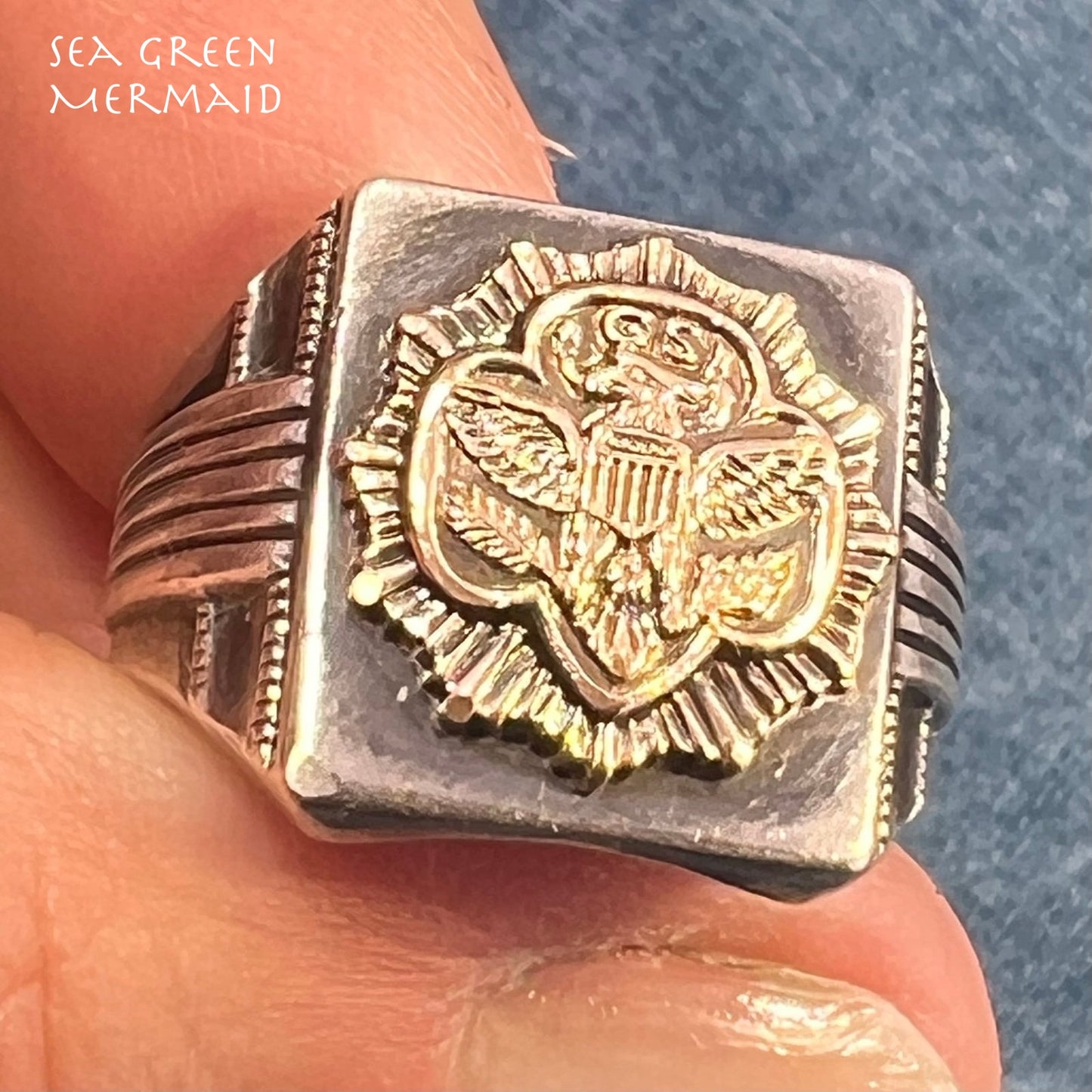 10k Yellow Gold *Rare* Girl Scout Emblem & 925 Ring. Art Deco 5.5