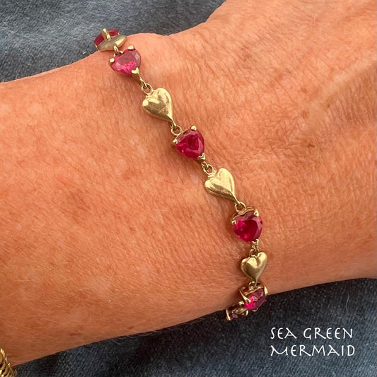 10k Yellow Gold Red Lab Ruby Hearts Bracelet. Romantic
