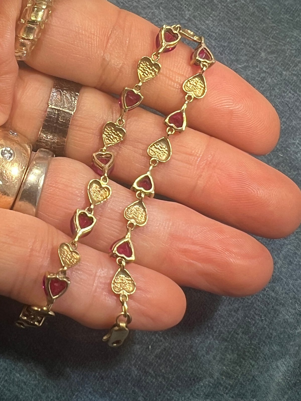 10k Yellow Gold Red Lab Ruby Hearts Bracelet. Romantic