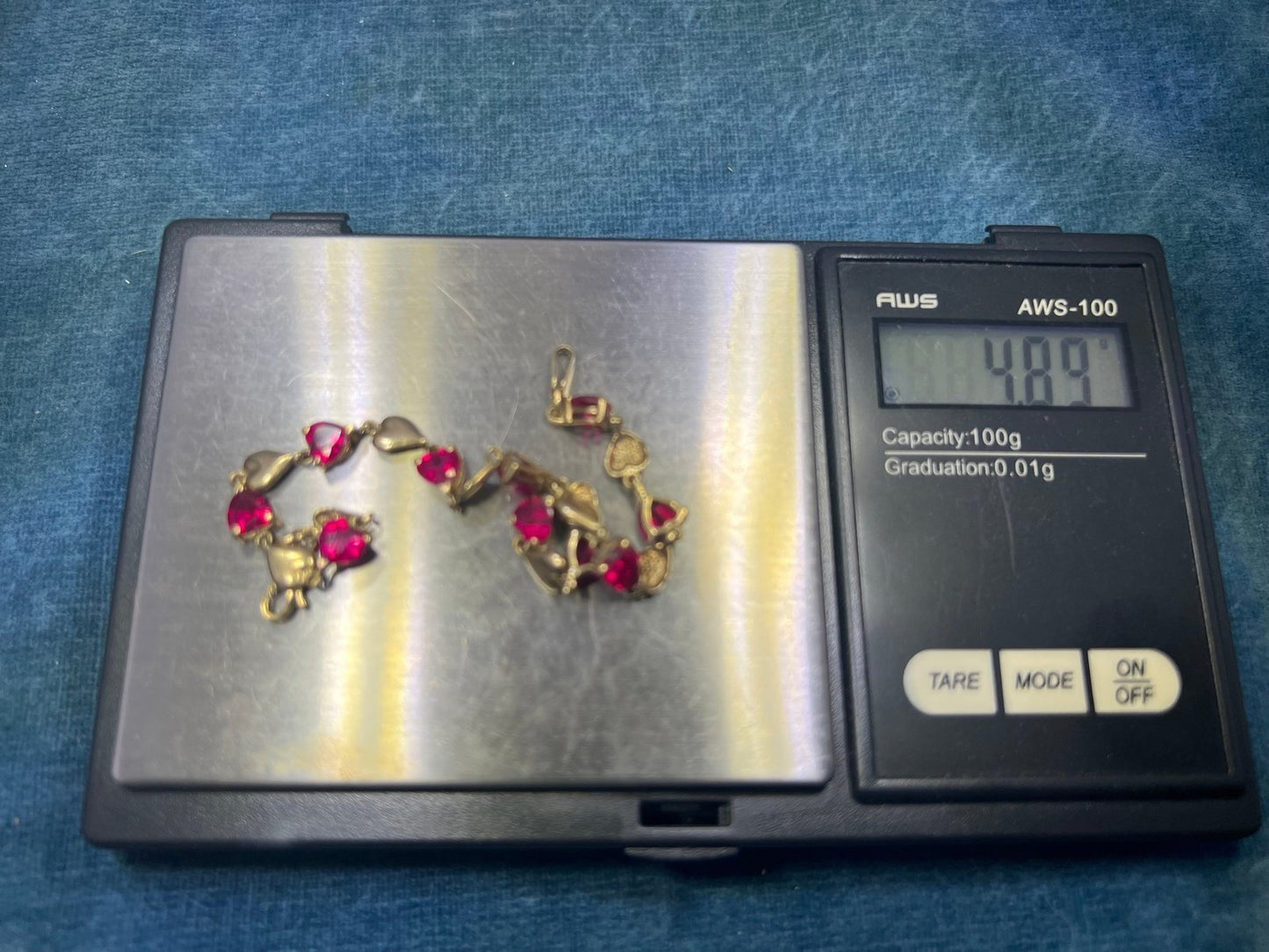 10k Yellow Gold Red Lab Ruby Hearts Bracelet. Romantic