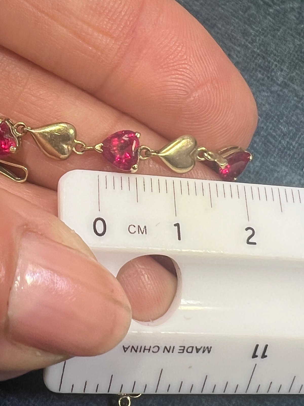 10k Yellow Gold Red Lab Ruby Hearts Bracelet. Romantic