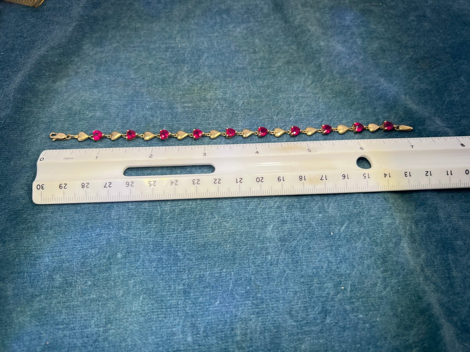 10k Yellow Gold Red Lab Ruby Hearts Bracelet. Romantic