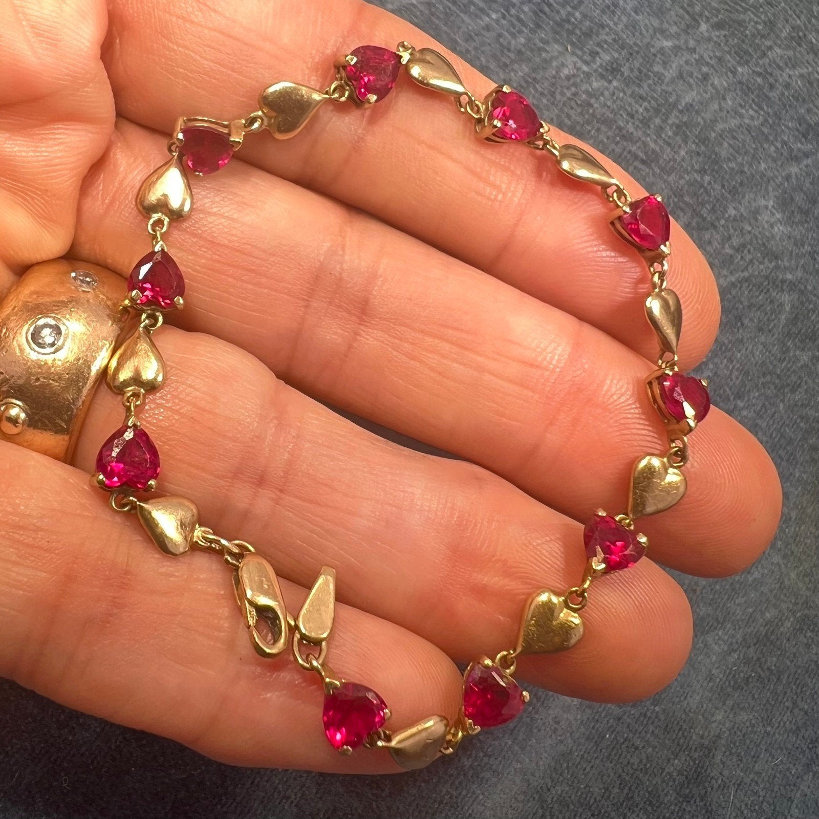 10k Yellow Gold Red Lab Ruby Hearts Bracelet. Romantic