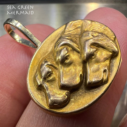 10k Yellow Gold Repousse 3 Hunting Hound Dogs Pendant. Art Nouveau