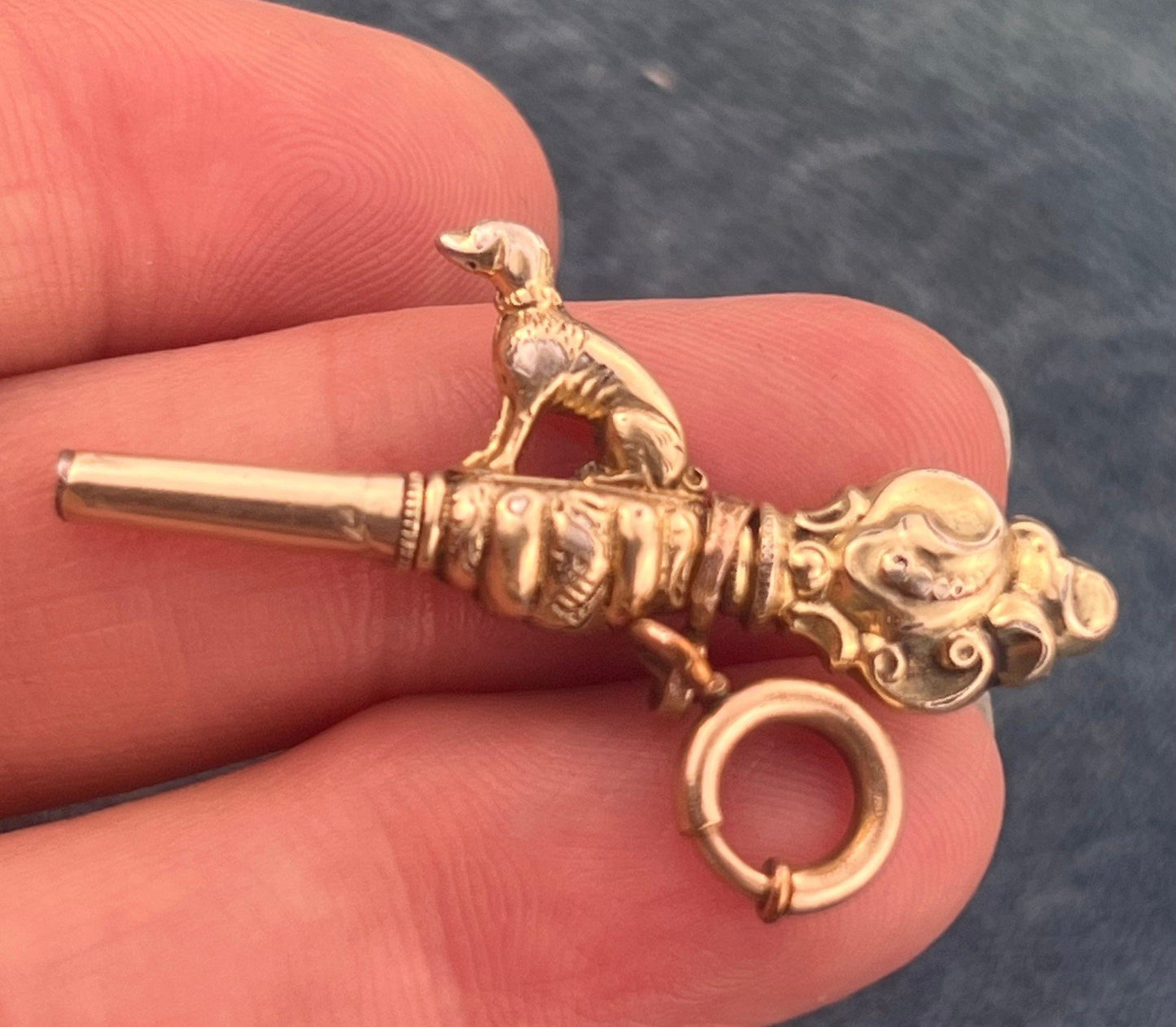 10k Yellow Gold Repousse DOG Watch Key Fob Pendant. Victorian