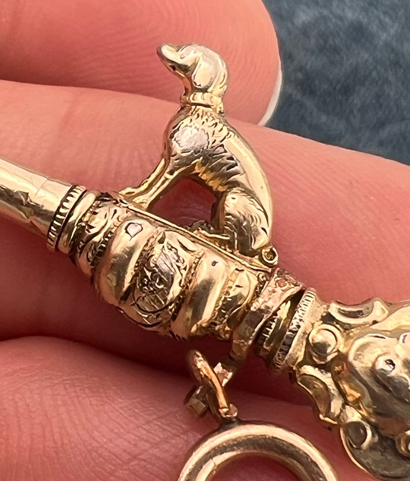 10k Yellow Gold Repousse DOG Watch Key Fob Pendant. Victorian