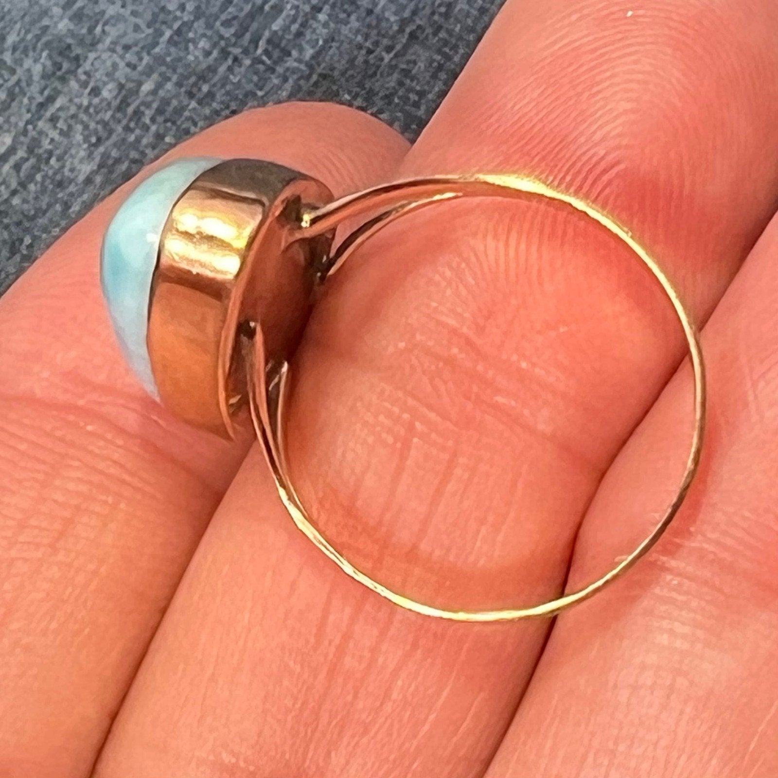 10k Yellow Gold Robins Egg Blue Larimar Ring. 3/4" Teardrop