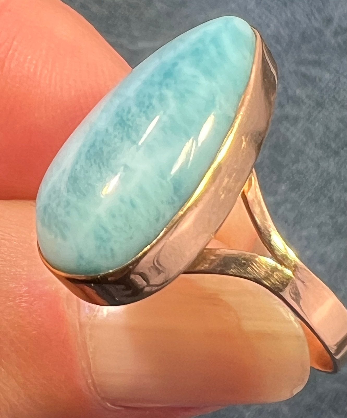 10k Yellow Gold Robins Egg Blue Larimar Ring. 3/4" Teardrop