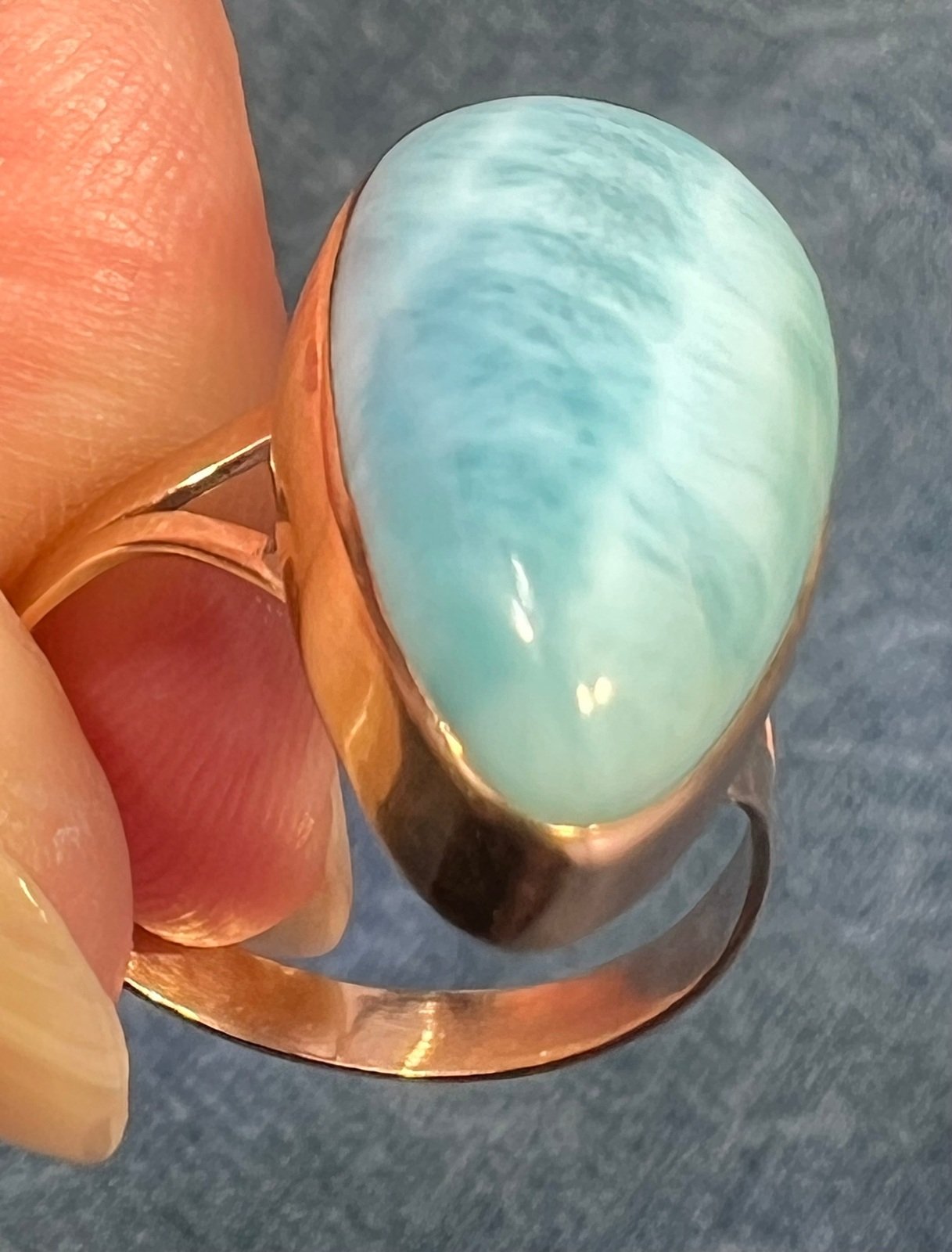 10k Yellow Gold Robins Egg Blue Larimar Ring. 3/4" Teardrop