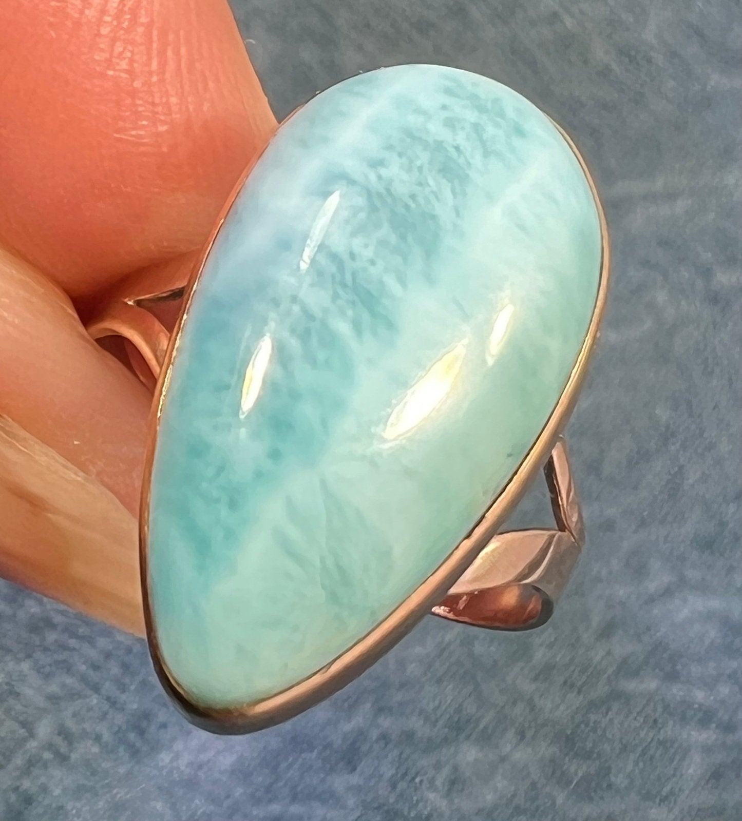 10k Yellow Gold Robins Egg Blue Larimar Ring. 3/4" Teardrop
