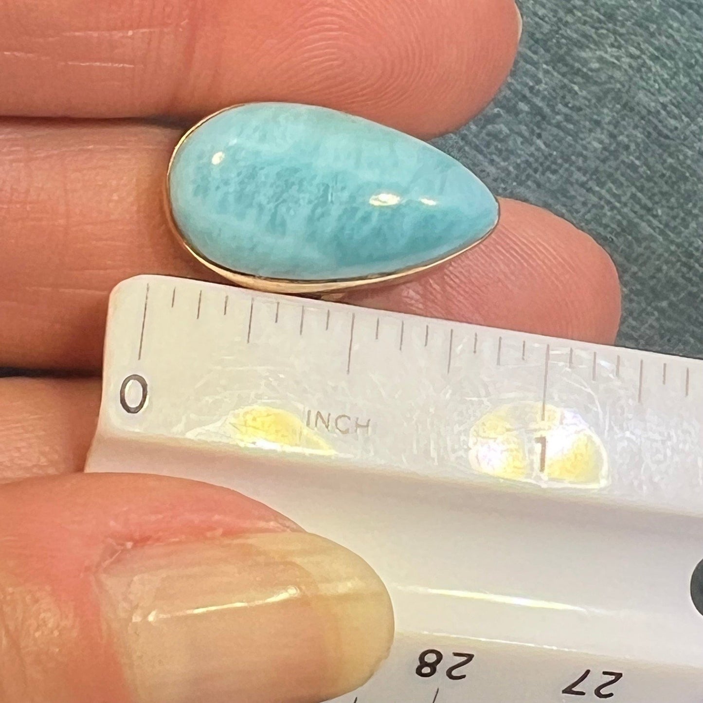 10k Yellow Gold Robins Egg Blue Larimar Ring. 3/4" Teardrop