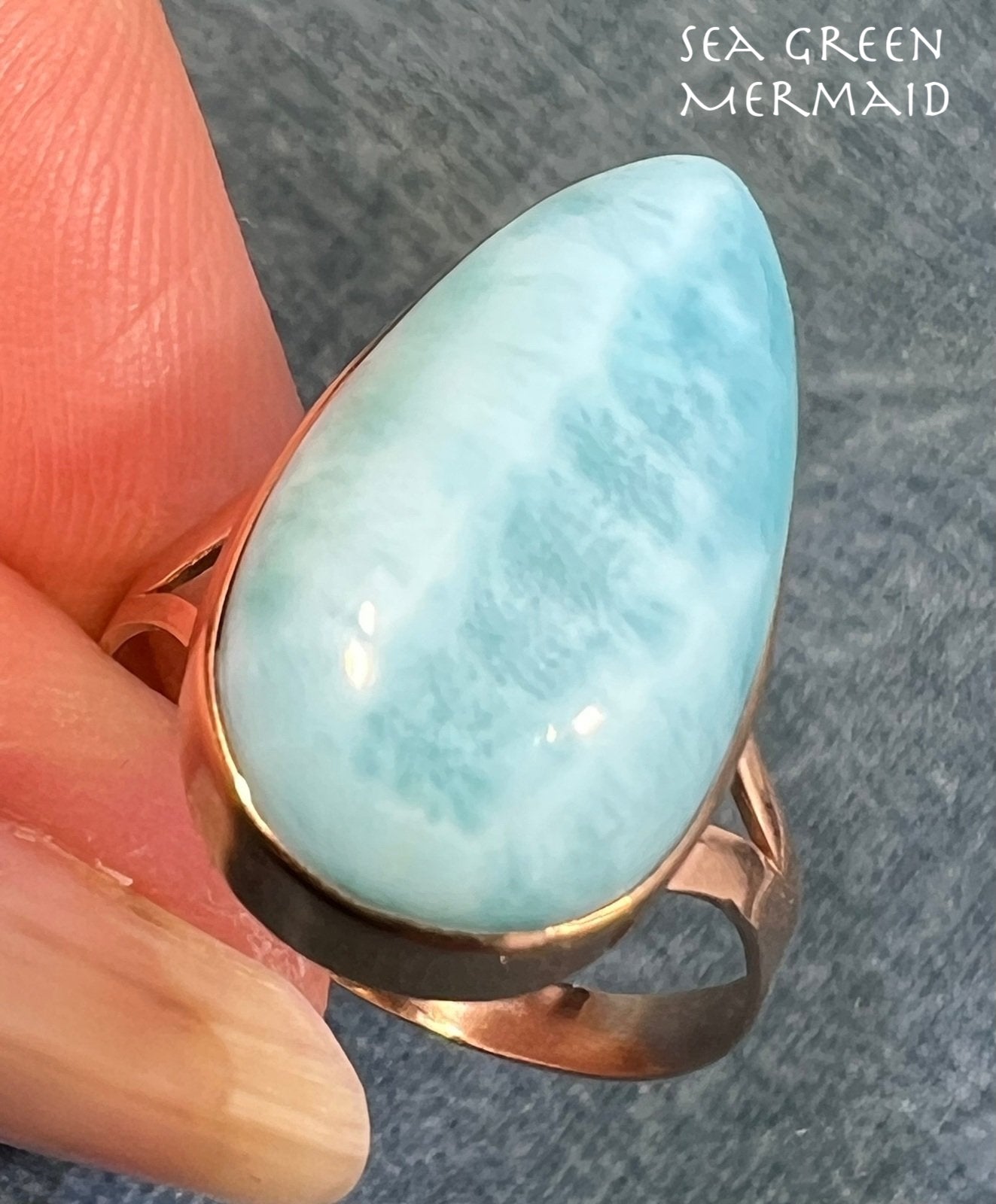 10k Yellow Gold Robins Egg Blue Larimar Ring. 3/4" Teardrop