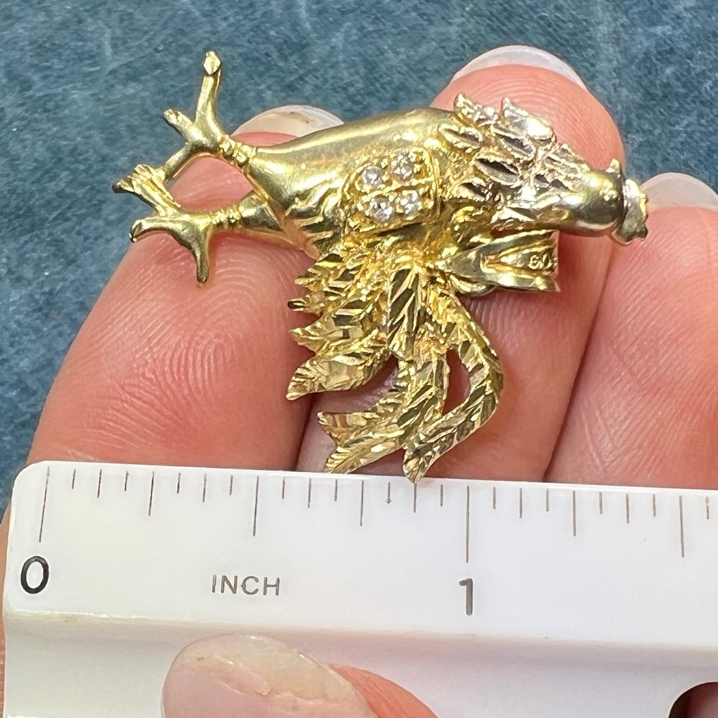 10k Yellow Gold Rooster Game Cock Pendant. Diamond Wing. 1.5"