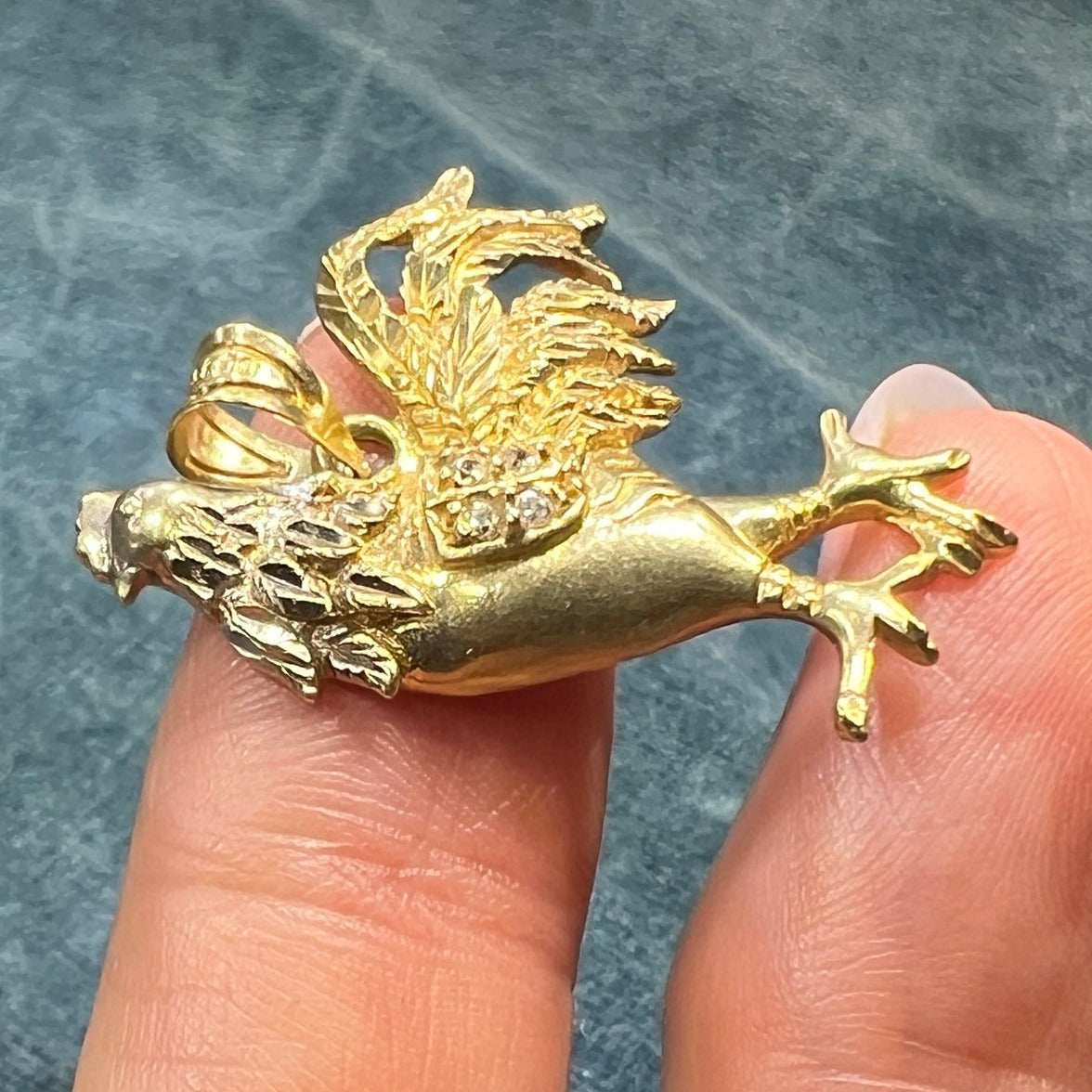 10k Yellow Gold Rooster Game Cock Pendant. Diamond Wing. 1.5"