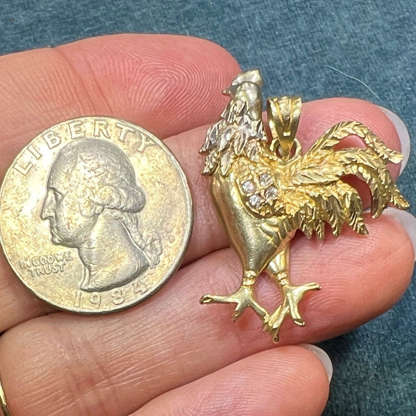 10k Yellow Gold Rooster Game Cock Pendant. Diamond Wing. 1.5"