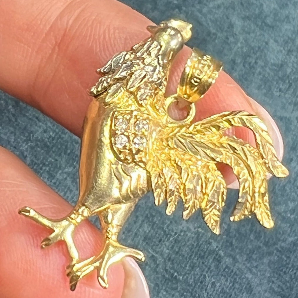 10k Yellow Gold Rooster Game Cock Pendant. Diamond Wing. 1.5"