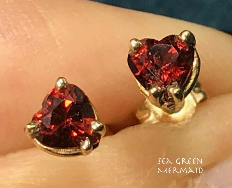 10k Yellow Gold Ruby Red Garnet Heart Earrings. TINY