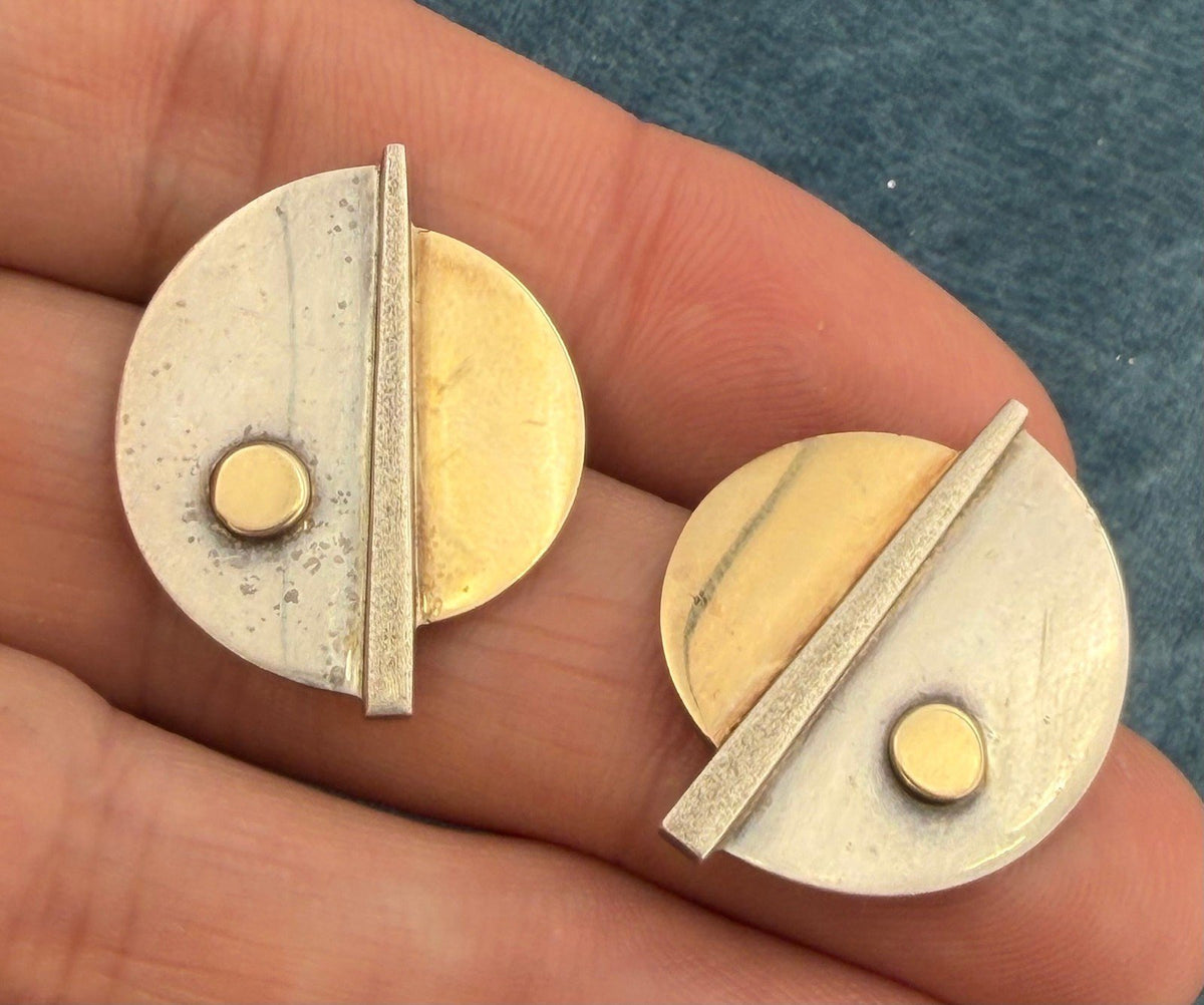 10k Yellow Gold + Silver MCM Modernist Geometric Eclipse Moon Lunar Earrings