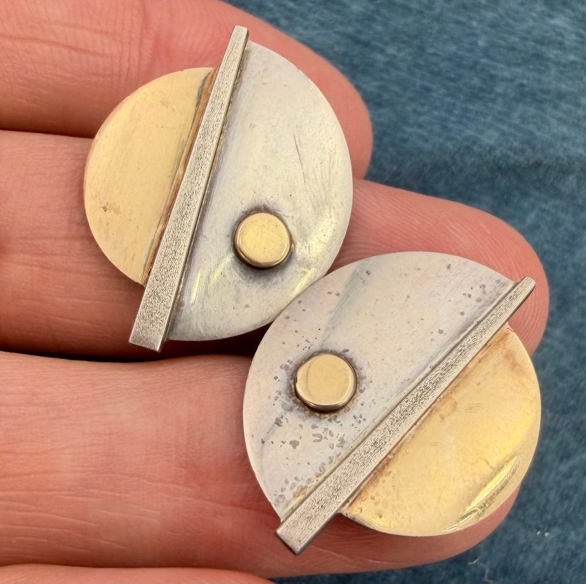 10k Yellow Gold + Silver MCM Modernist Geometric Eclipse Moon Lunar Earrings