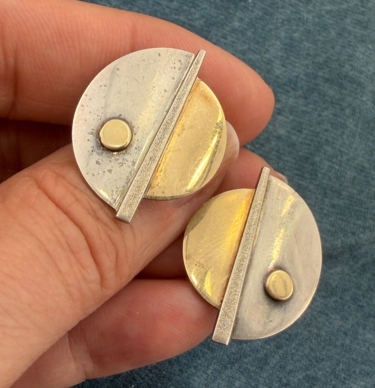 10k Yellow Gold + Silver MCM Modernist Geometric Eclipse Moon Lunar Earrings