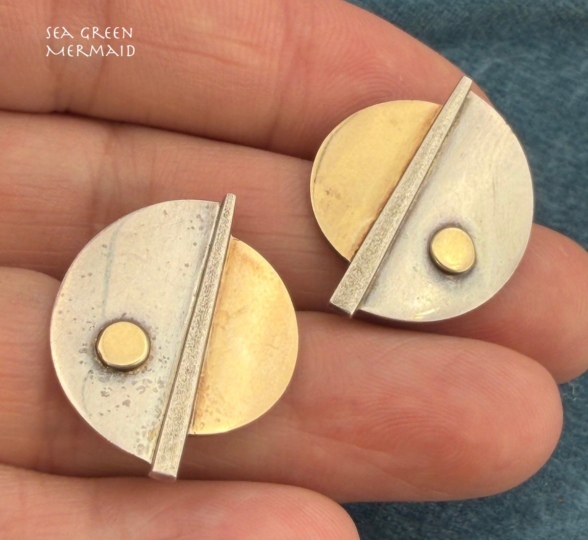 10k Yellow Gold + Silver MCM Modernist Geometric Eclipse Moon Lunar Earrings