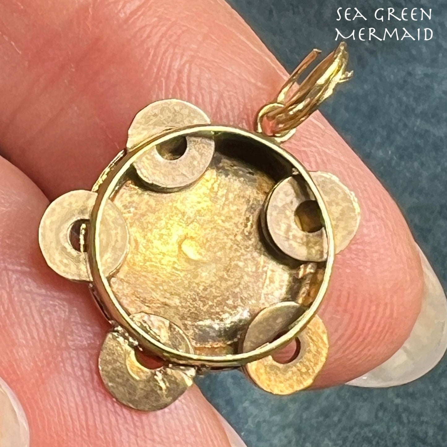 10k Yellow Gold Tiny Tambourine Pendant. Little Discs Move!