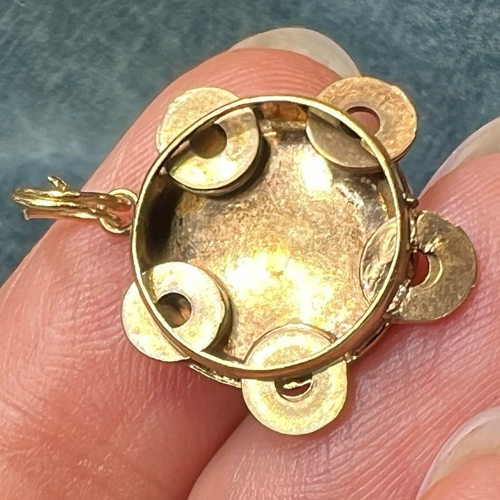 10k Yellow Gold Tiny Tambourine Pendant. Little Discs Move!