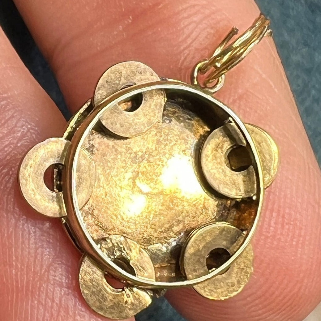 10k Yellow Gold Tiny Tambourine Pendant. Little Discs Move!