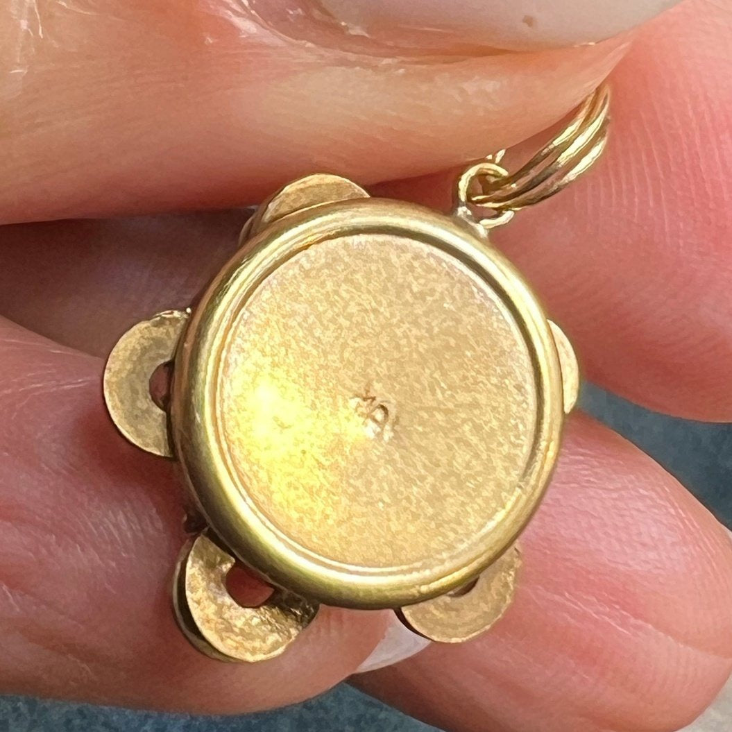 10k Yellow Gold Tiny Tambourine Pendant. Little Discs Move!