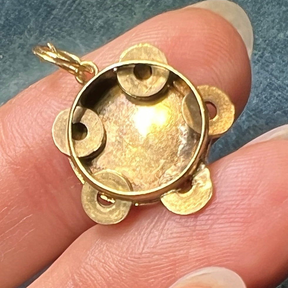 10k Yellow Gold Tiny Tambourine Pendant. Little Discs Move!