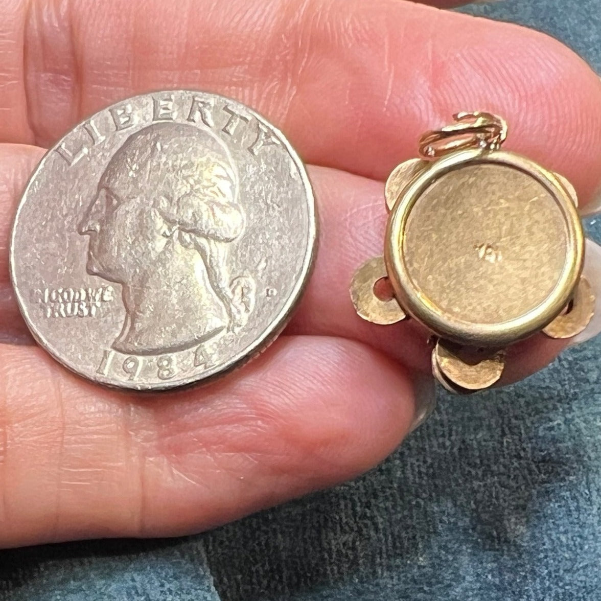 10k Yellow Gold Tiny Tambourine Pendant. Little Discs Move!