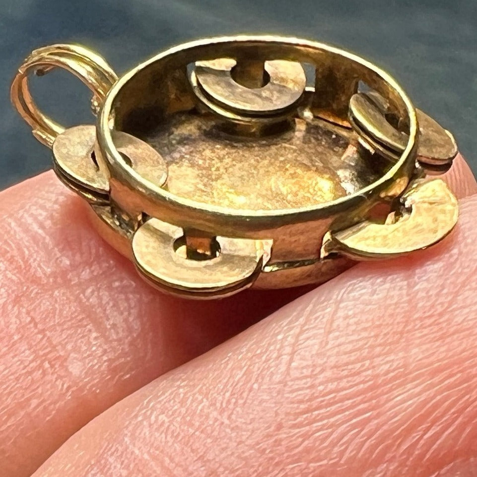 10k Yellow Gold Tiny Tambourine Pendant. Little Discs Move!