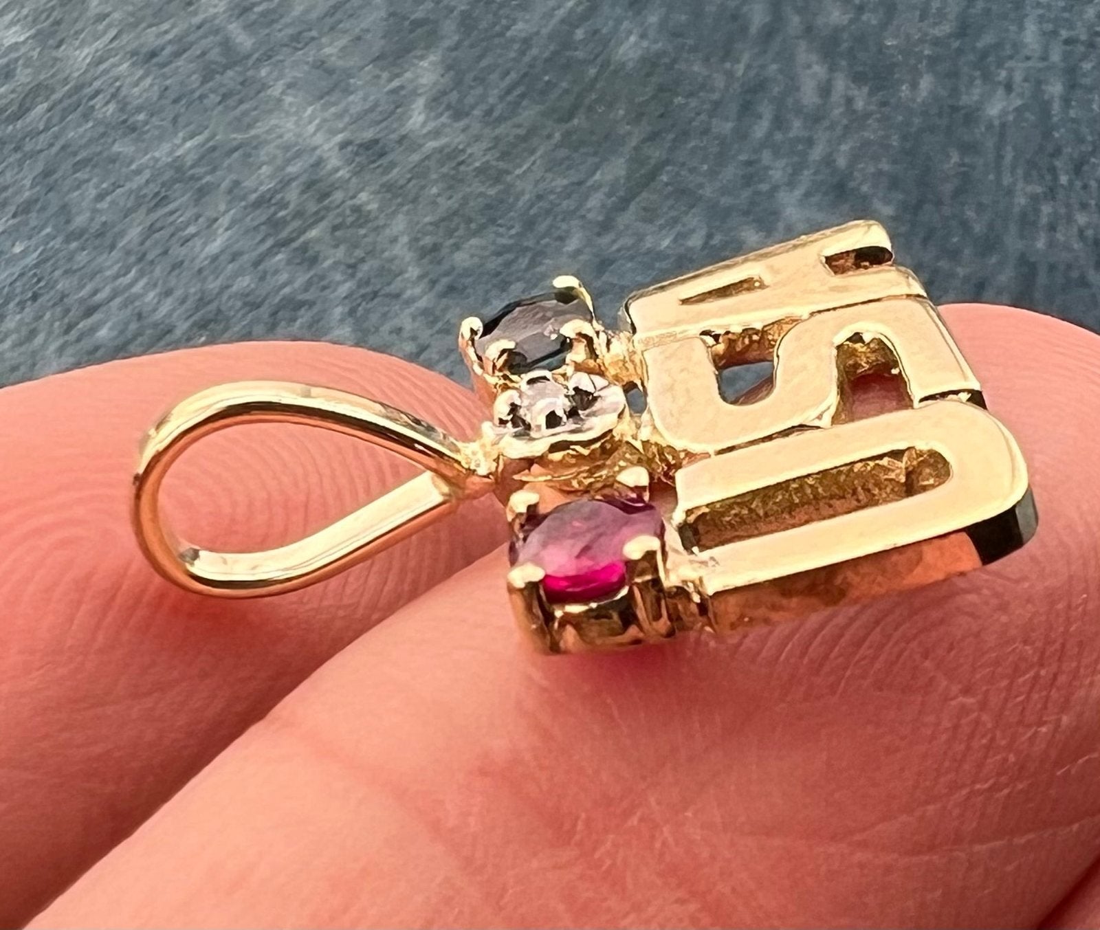 10k Yellow Gold USA Olympics Pendant w Diamond, Sapphire + Ruby