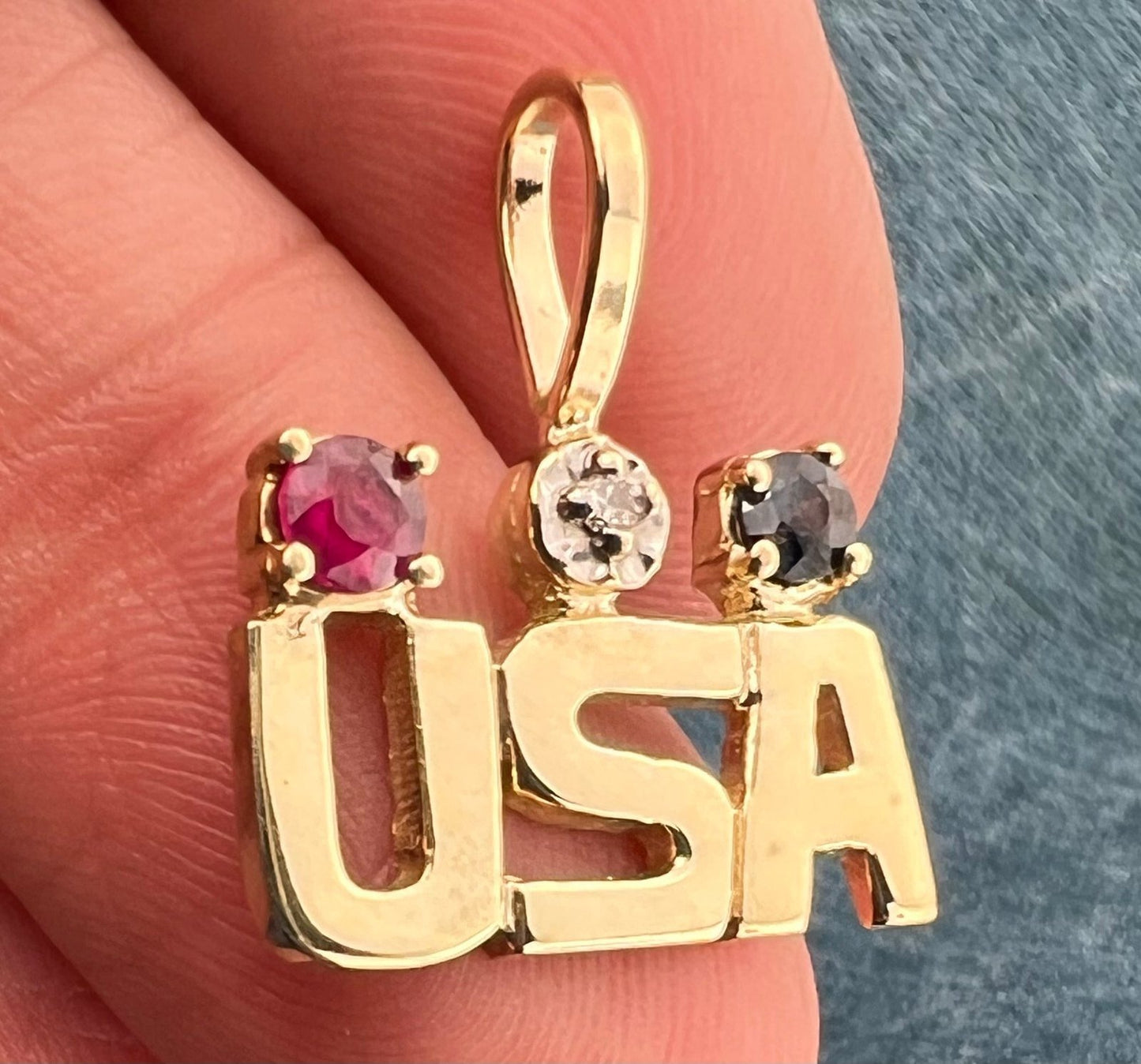 10k Yellow Gold USA Olympics Pendant w Diamond, Sapphire + Ruby