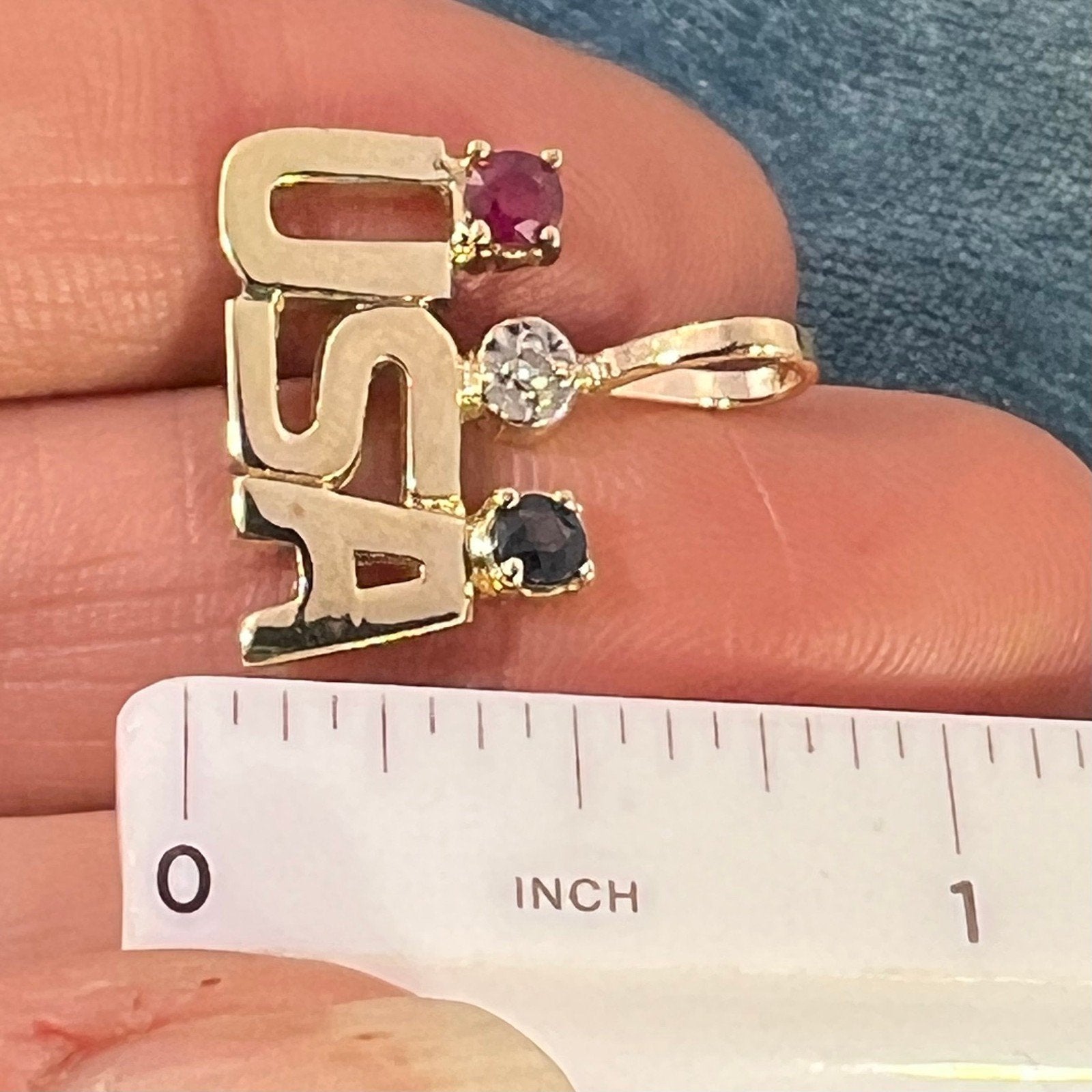 10k Yellow Gold USA Olympics Pendant w Diamond, Sapphire + Ruby