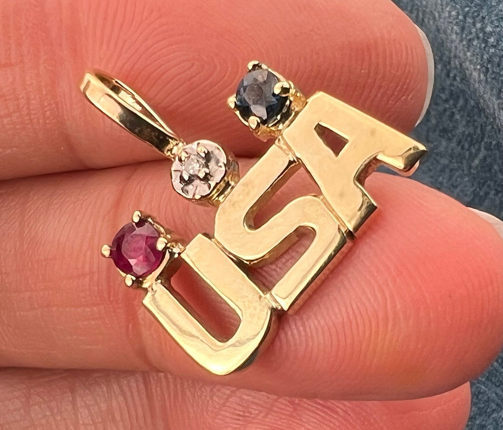 10k Yellow Gold USA Olympics Pendant w Diamond, Sapphire + Ruby