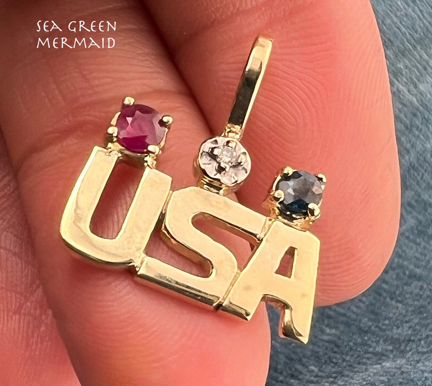 10k Yellow Gold USA Olympics Pendant w Diamond, Sapphire + Ruby
