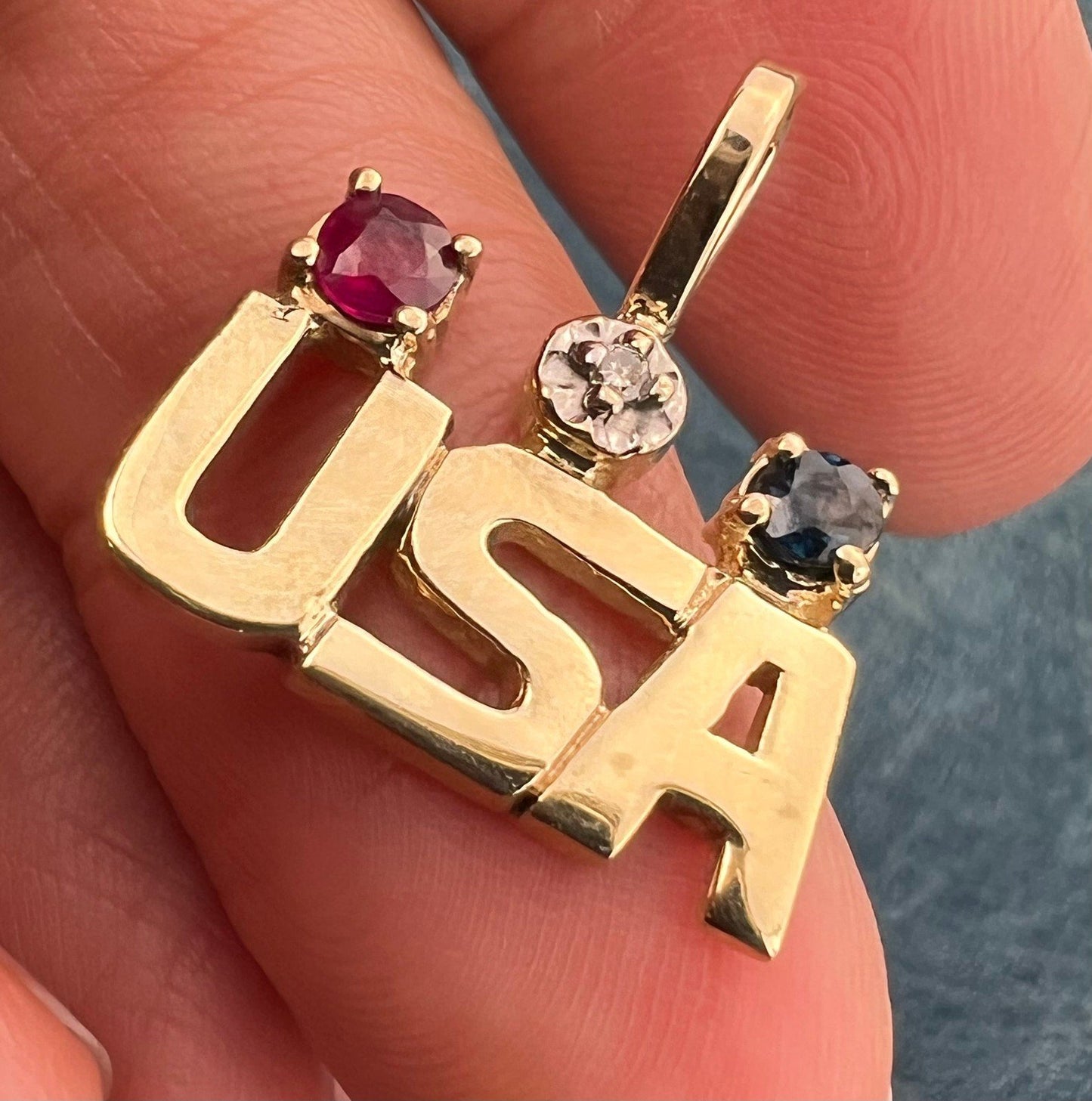10k Yellow Gold USA Olympics Pendant w Diamond, Sapphire + Ruby