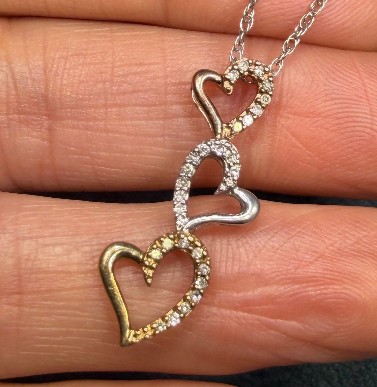 10k Yellow + Rose Gold + 925 Silver Diamond Hearts Pendant. SUNDANCE