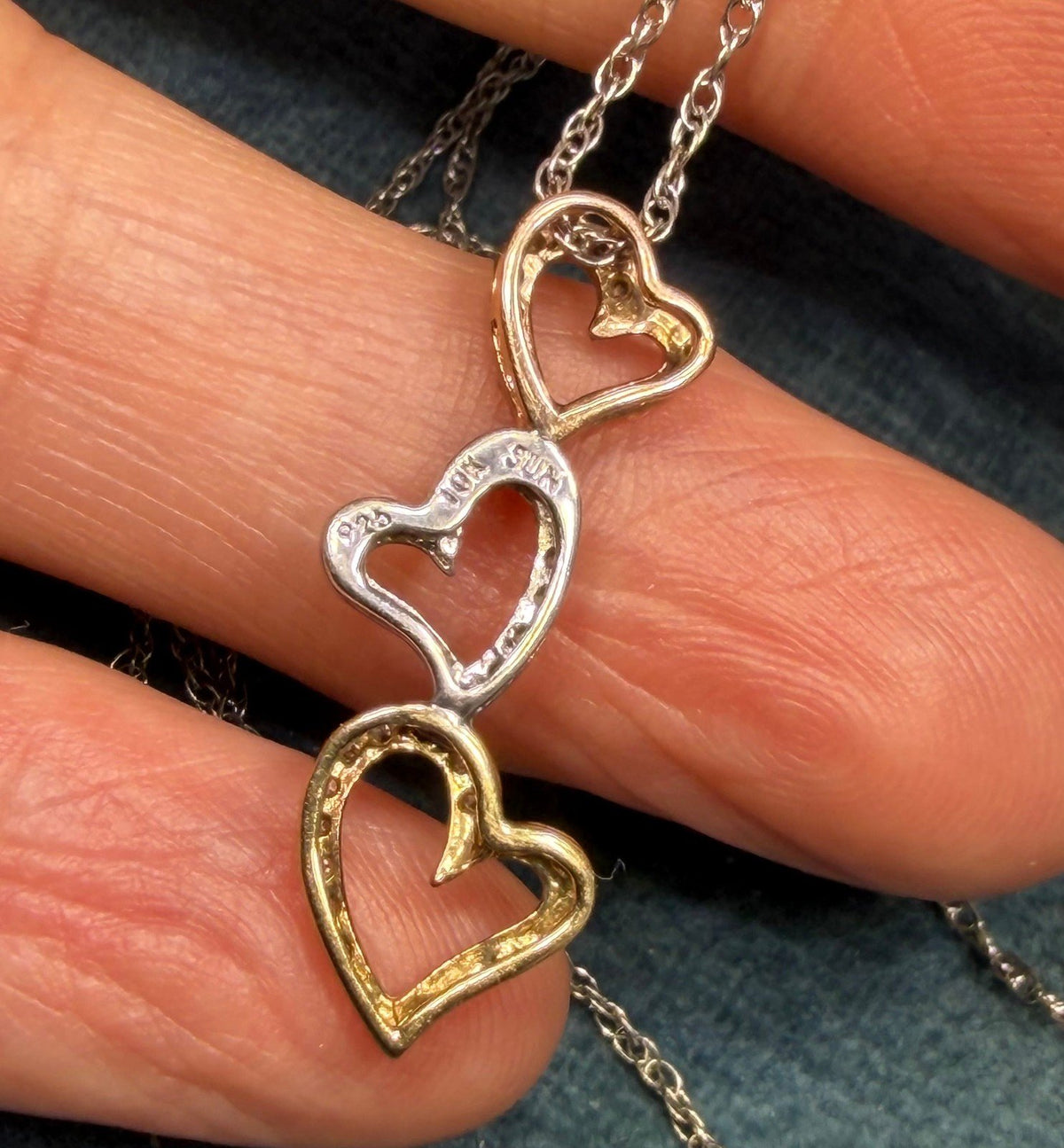 10k Yellow + Rose Gold + 925 Silver Diamond Hearts Pendant. SUNDANCE