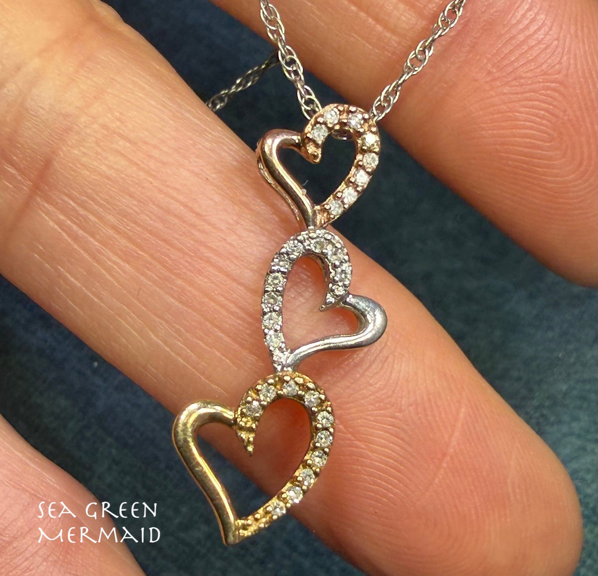 10k Yellow + Rose Gold + 925 Silver Diamond Hearts Pendant. SUNDANCE